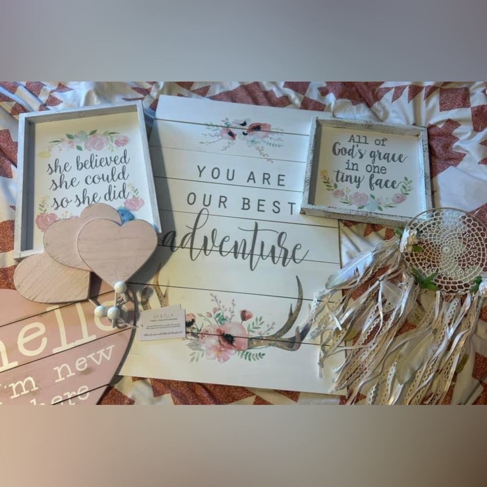Baby girl nursery decor. Comes with 4 signs, 3 hangers, 1 dream catcher.
